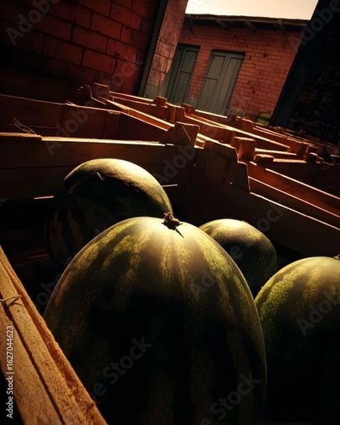 Fototapeta Hyper-Realistic Watermelon in Pile of Ripe Fruit – Wooden Crates, Outdoor Drama, Farm-to-Table Freshness