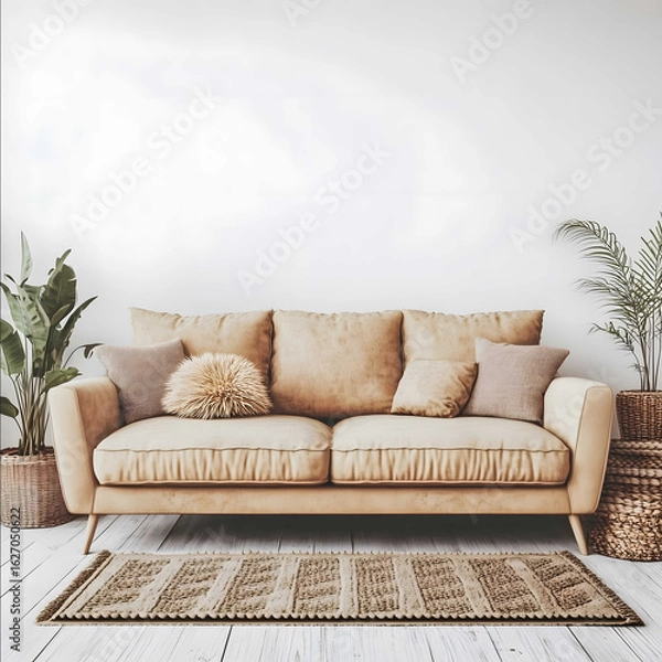 Fototapeta Cozy modern home interior beige and dark brown colors wooden floor big window carpet sofa with pollows houseplants White empty blank wall front view moody daylight