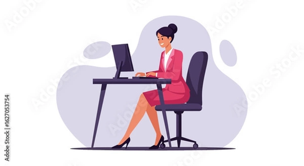 Obraz A cheerful businesswoman in a pink suit works at her desk, typing on a computer in a modern, minimalist office setting, showcasing productivity and professionalism.