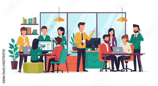 Fototapeta A vibrant, modern office space bustles with diverse professionals collaborating on projects, fostering teamwork and innovation in a contemporary work environment.