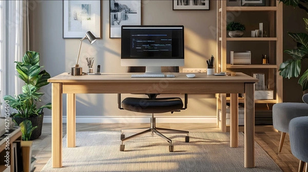 Fototapeta a light wood office desk in the middle of a home office space