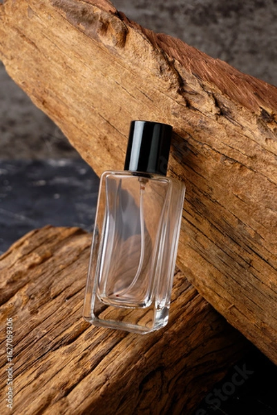 Obraz Perfume bottle mockup with wooden background
