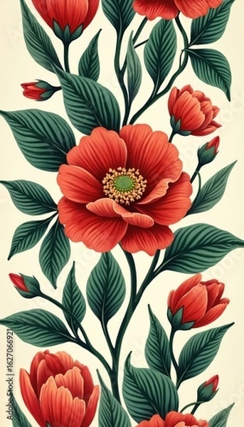 Fototapeta Illustration features vibrant red flowers, intricate green leaves in classic botanical style. Design, ideal for textiles wallpaper, offers beautiful, detailed floral arrangement with vintage