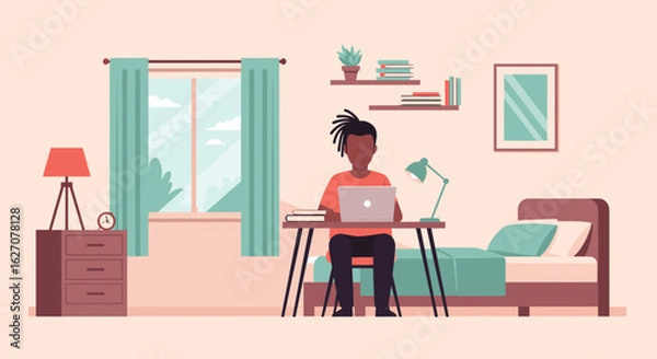 Fototapeta Young person with dreadlocks works on laptop at desk in a cozy bedroom. Ideal for remote work, studying, or comfortable home productivity.