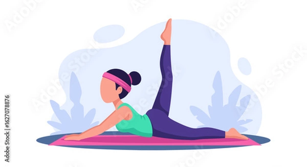 Fototapeta Young woman practicing yoga on a mat, demonstrating flexibility and balance. Ideal for concepts of health, fitness, wellness, and mindful living.