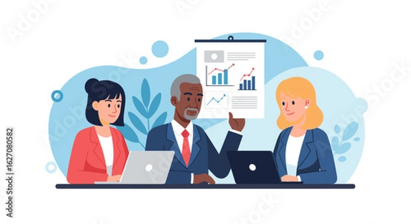 Fototapeta Diverse business team collaborating in a meeting, analyzing charts and discussing strategy. Ideal for corporate growth, teamwork, and financial concepts.