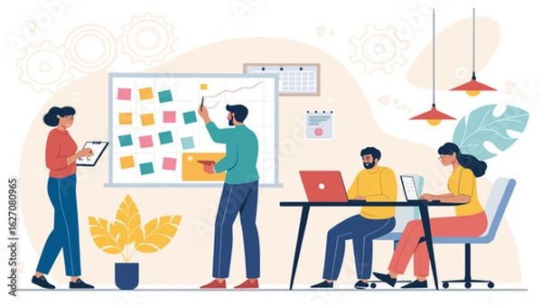 Fototapeta Diverse business team collaborating on a project in a modern office, utilizing a whiteboard for planning and strategy. Represents teamwork, innovation, and productivity.