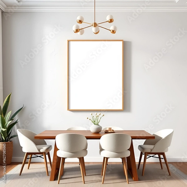Fototapeta frame mockup for wall art in dining room aesthetic pastel tones textured plaster mid-century modern design 3d rendering showcase versatile decorative display canvas home decor inspiration