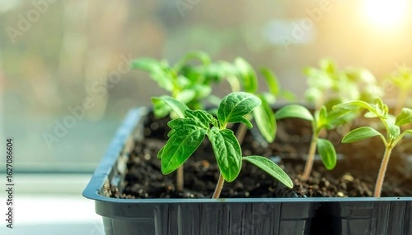 Obraz Young tomato seedlings in a plastic tray
