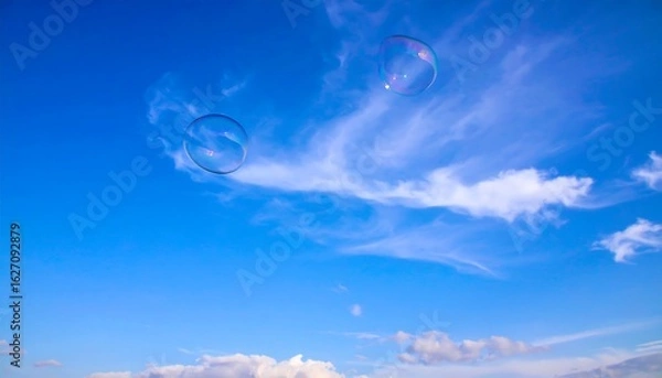 Fototapeta Two soap bubbles against a vibrant blue sky with wispy clouds