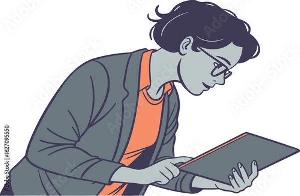Fototapeta Woman wearing glasses and a blazer looking at a tablet reading