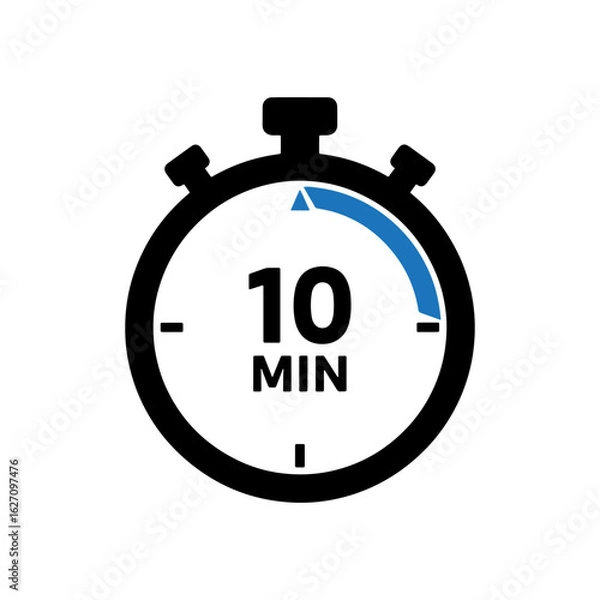 Fototapeta Minimalist vector illustration of a stopwatch with “10 MIN” text and a highlighted blue segment, representing a ten-minute countdown or timer. Ideal for use in apps, websites, infographics, workout pl