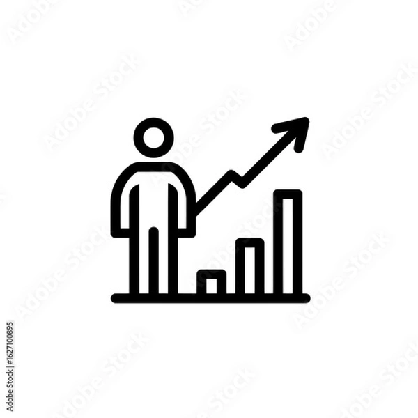 Fototapeta A minimalistic line drawing depicts a standing figure with a rising bar graph and upward arrow, concept for business growth analysis, financial planning and career advancement.