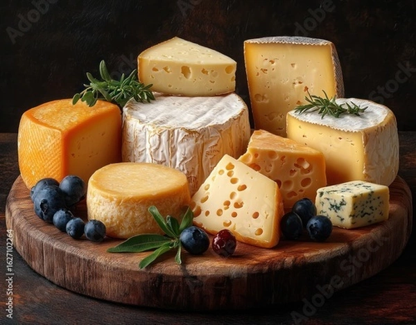 Fototapeta Assortment of various cheese types including brie, swiss, and blue cheese on a rustic wooden board with sprigs of herbs and fresh blueberries creating a cozy and inviting atmosphere