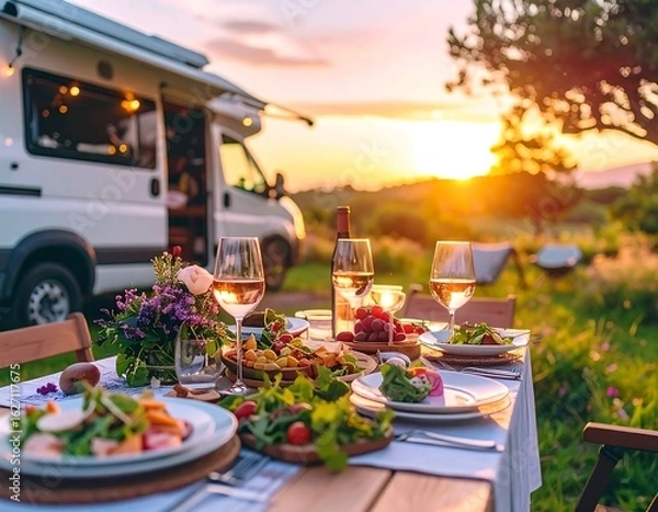Obraz Outdoor dining by RV at sunset