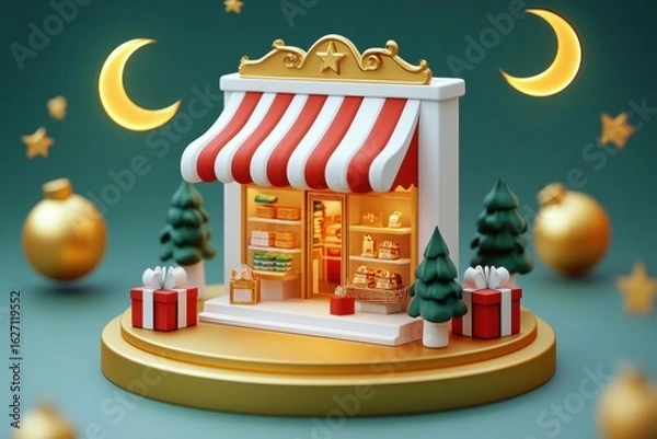 Fototapeta Miniature festive shop with striped red and white awning, warm glowing interior, decorated with small Christmas trees and wrapped gift boxes under crescent moons and golden stars