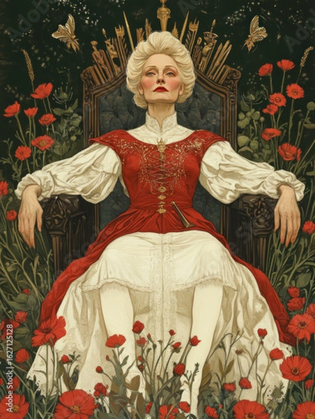 Fototapeta Illustration in the style of symbolism and retro graphics: a majestic woman with a proud expression sits on a throne among bright red poppies.  