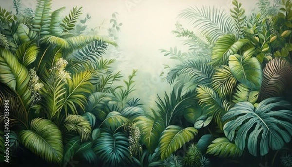 Fototapeta Dense green tropical jungle with various large leafy plants and bright light shining through misty background conveying freshness and tranquility