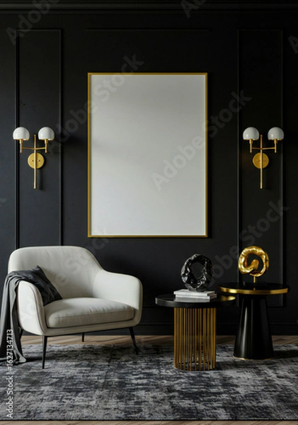 Fototapeta White and Gold Framed Canvas Mockup in High-End Black Room