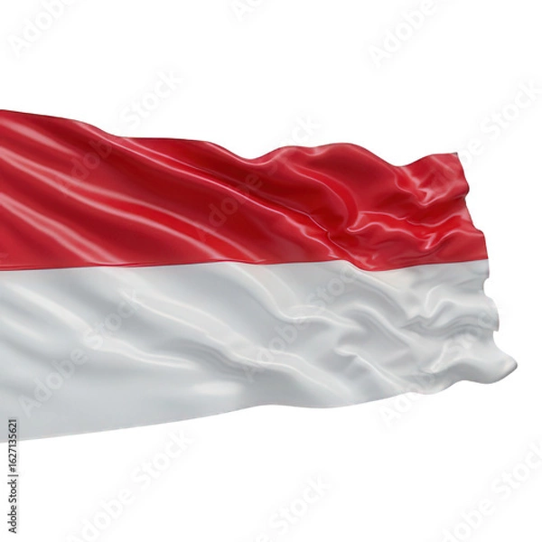 Fototapeta A vibrant Indonesian flag waving gracefully against a clean, bright white background, showing the red and white colors.