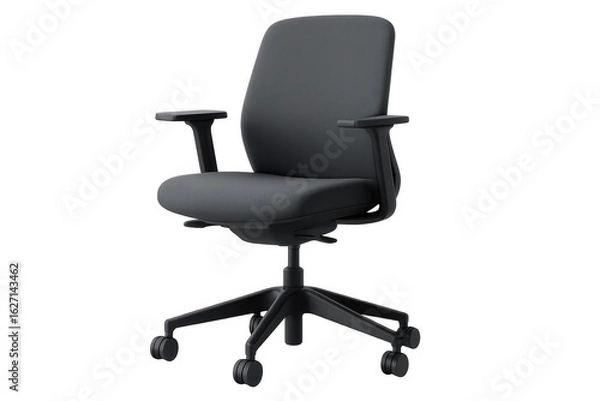 Fototapeta Ergonomic black office chair featuring padded armrests, rolling base, supporting professional workspace environment