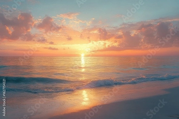 Fototapeta Peaceful sunrise over calm ocean waves gently touching the sandy shore under colorful clouds and soft pastel sky