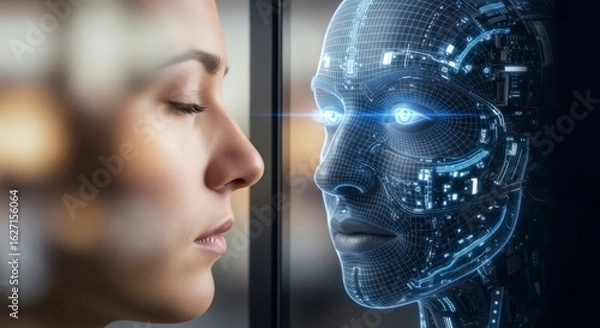 Fototapeta Conceptual image depicting a human face next to an advanced ai representation in futuristic digital style emphasizing innovation and science technology