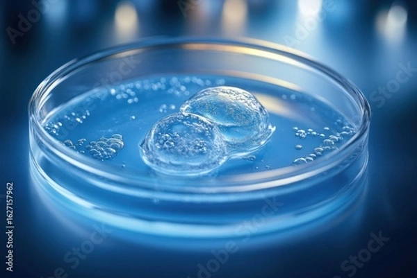 Fototapeta Close-up of translucent cells or embryos inside a petri dish with a blue background and soft lighting conveying a scientific and delicate atmosphere