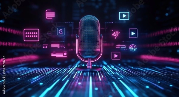 Fototapeta Futuristic digital microphone surrounded by glowing neon icons representing media playback, wifi, and data visualization on a dark tech background