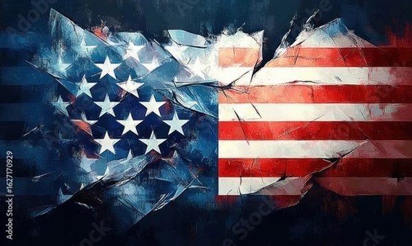 Fototapeta American flag with cracks and shattered glass effect symbolizing fragmentation and distress