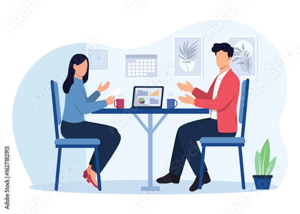 Obraz One to one meeting concept illustration. Team collaboration between a young businessman and woman sitting and discussing work with a laptop in a modern setting. Vector illustration.
