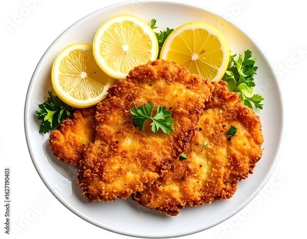 Obraz Crispy breaded chicken cutlets with lemon slices