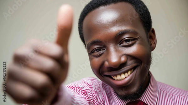 Fototapeta Smiling man giving a thumbs up in a casual environment with neutral background