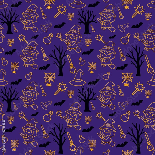Obraz Halloween-themed witch and elements seamless pattern