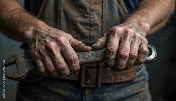 Fototapeta A strong, close-up shot of a mechanic's or a worker's tattooed and dirty hands, clutching a large, old, and rusty adjustable wrench. The image conveys a sense of hard work, grit, and manual labor