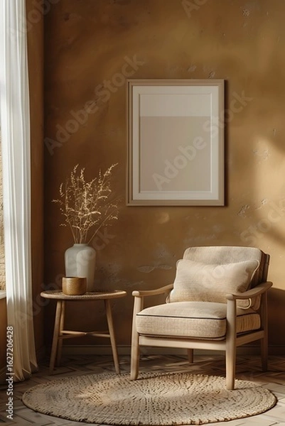 Fototapeta Cozy reading nook with armchair, side table, and simple artwork mockup on warm-toned wall, soft ambient lighting