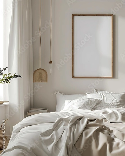 Fototapeta Scandinavian style bedroom with white linens, neutral tones, empty wooden frame hanging above the bed for poster mockup, soft morning light