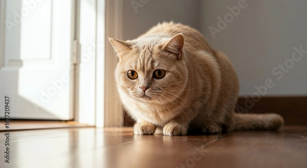 Obraz Chubby British Shorthair cat, cream fur, looking down, low angle, harsh fluorescent light, gold and orange glow