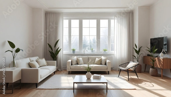 Fototapeta Sunlit modern living room with minimalist Scandinavian furniture, wooden floors, and a large window streaming with natural light.
