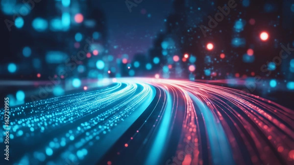 Fototapeta Abstract digital background with glowing light trails and blurred city lights representing a fast network connection or data transfer technology.