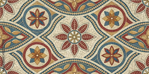 Fototapeta Intricate vintage mosaic pattern with floral motifs and aged texture for classic decor