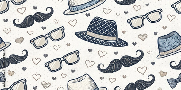 Fototapeta Charming vintage pattern with mustaches, fedoras, glasses, and hearts for masculine themes