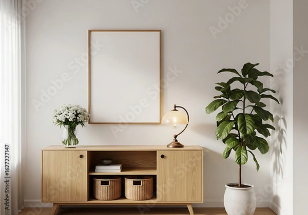 Fototapeta Empty vertical frame mockup in a cozy Japandi living room with a wooden sideboard and lush houseplant