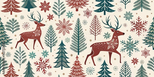 Fototapeta Charming vintage Christmas pattern featuring reindeer, festive trees, and snowflakes for holiday decor