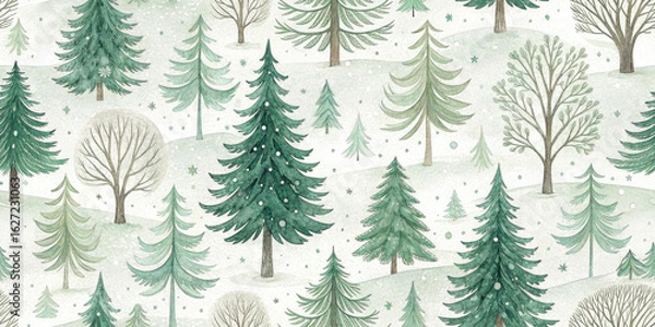 Fototapeta Charming watercolor forest with gentle snowfall and festive fir trees creates a serene winter wonderland scene.