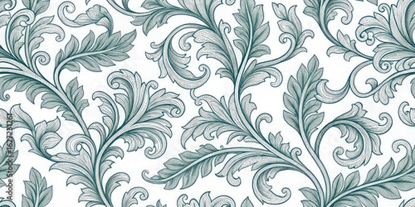 Fototapeta Elegant teal damask pattern with intricate floral swirls and delicate leaf details