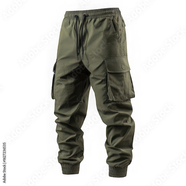 Fototapeta A pair of olive green cargo trousers with multiple pockets and a drawstring waistband are displayed isolated on transparent background