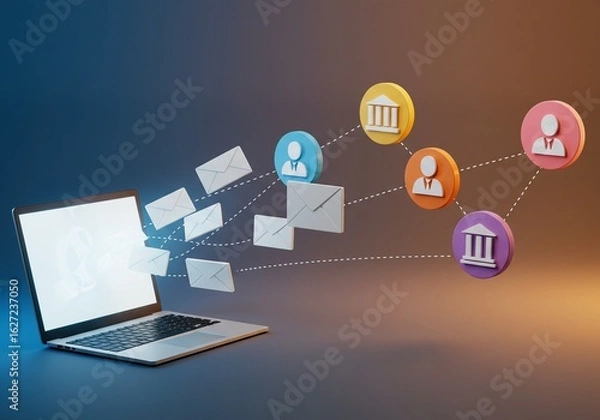 Fototapeta 3D Rendering of Email Marketing Funnel with Laptop and Icons, B2B Lead Generation and Communication
