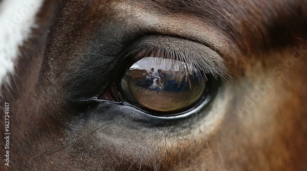 Fototapeta Close-Up of a Horse's Eye Reflecting a Rider and Horse in a Natural Outdoor Setting Capturing the Beauty of Equine Connection and Animal Emotion
