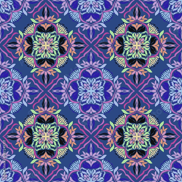 Obraz Beautiful seamless multi-colored flowers on blue